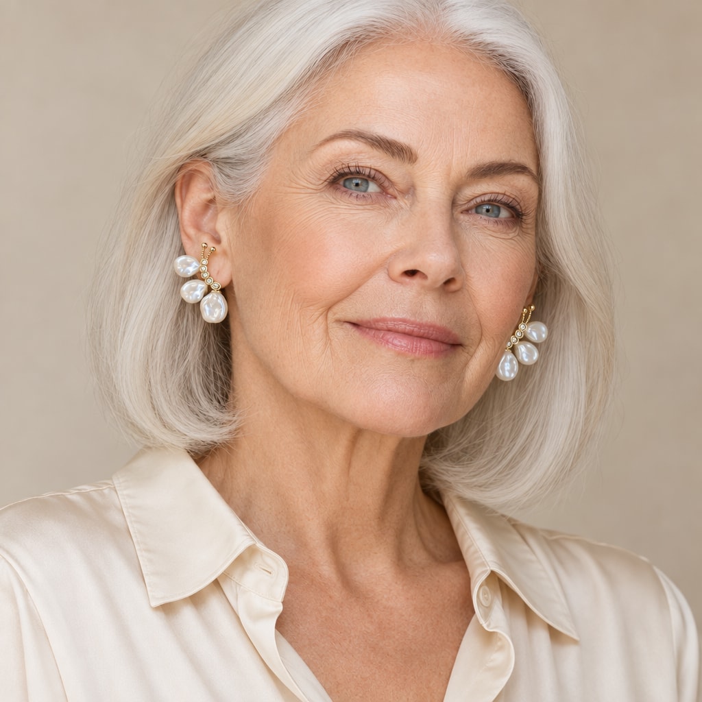 Woman in her fifties wearing the Saskia baroque pearl butterfly earrings, hair tucked behind her ear