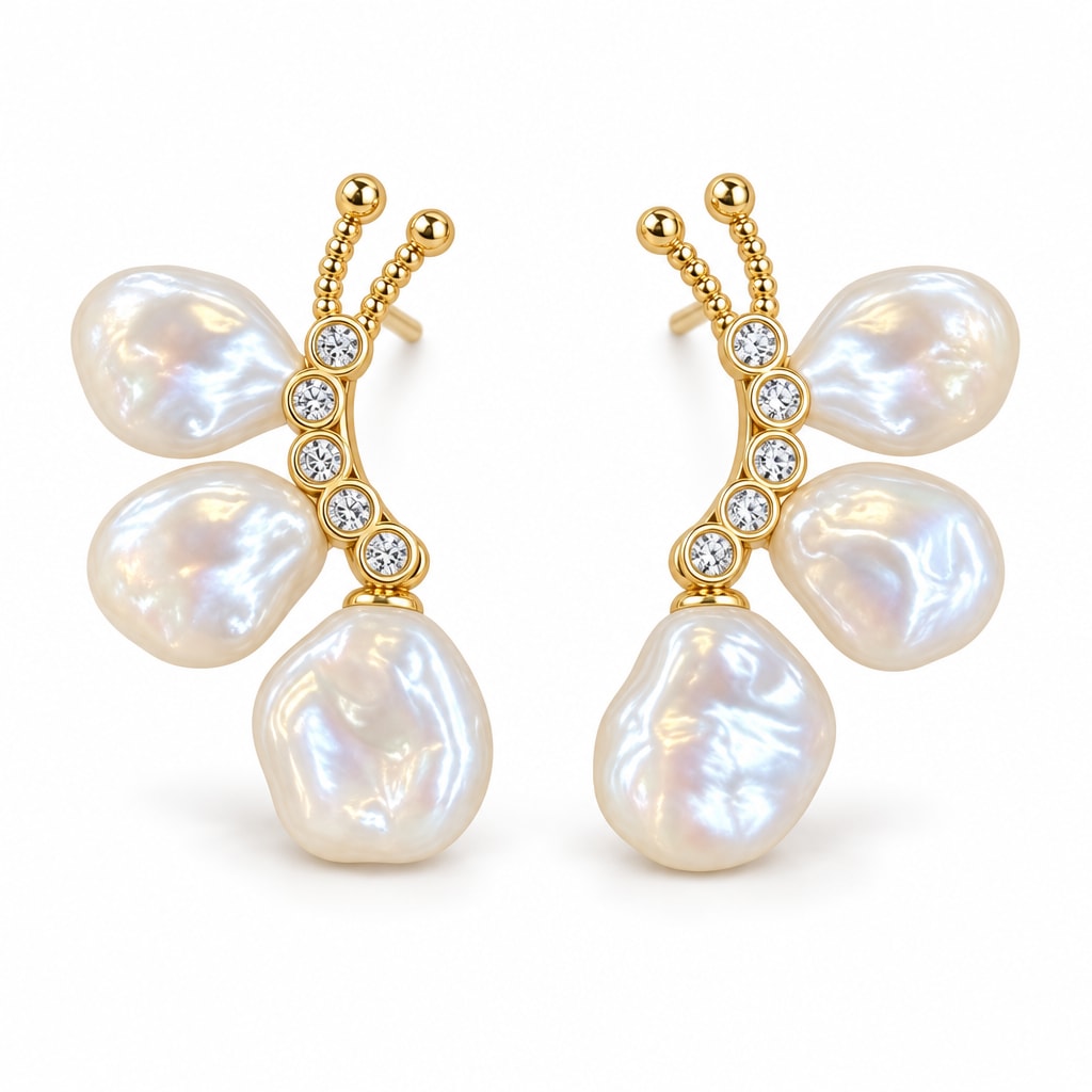 Saskia baroque pearl butterfly earrings, 13-14mm baroque freshwater pearls as wings on crystal-set bodies