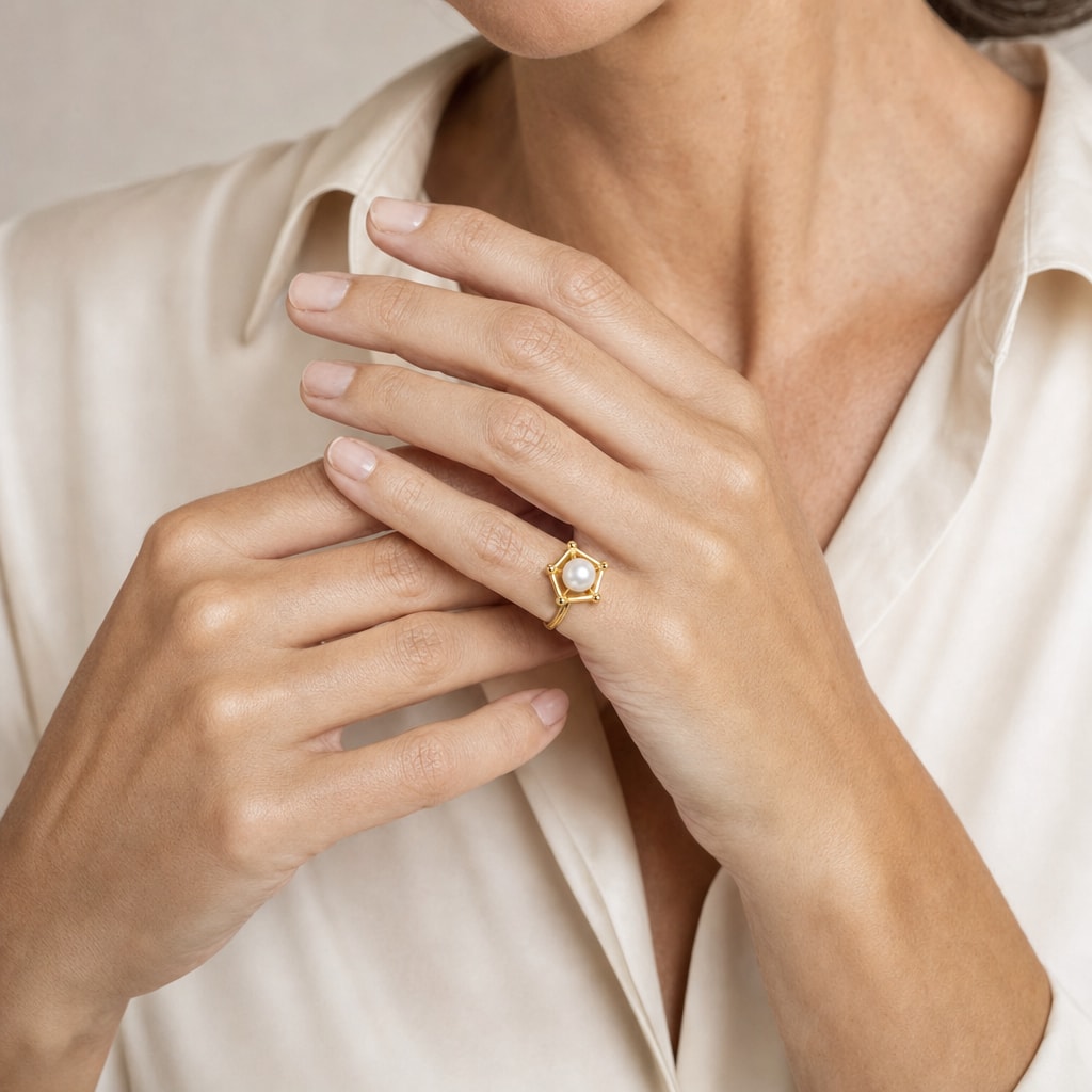 Close-up of a model's hand wearing the Sheila square frame pearl ring in gold