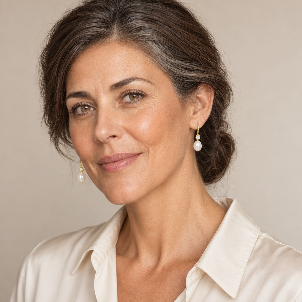 Woman in her forties wearing the Sidonie minimal pearl drop earrings, hair tucked behind her ear