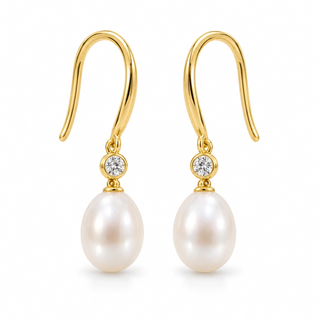 Sidonie pearl earrings, 7-8mm white rice pearls beneath single bezel-set crystals on hooks