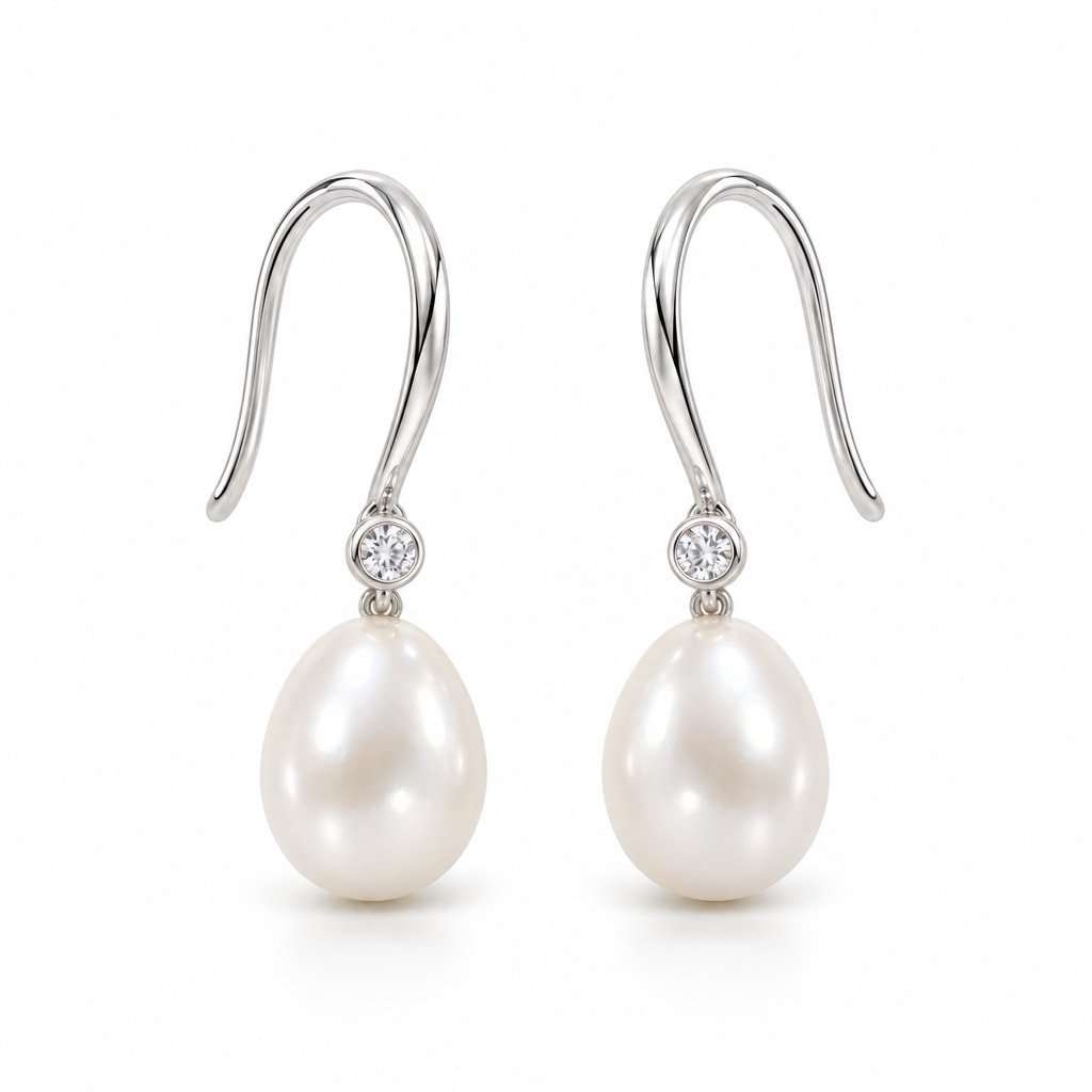 Sidonie pearl earrings, 7-8mm white rice pearls beneath single bezel-set crystals on hooks - second finish