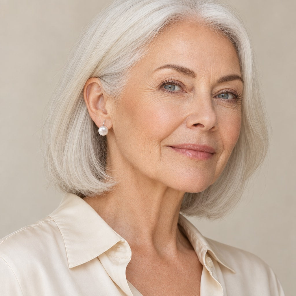 Woman in her sixties wearing the Signe button pearl hook earrings, hair pinned up