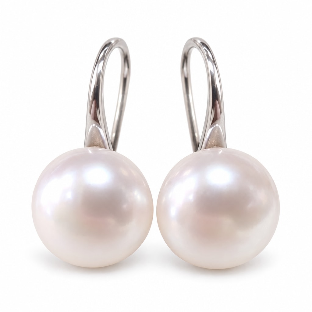 Signe button pearl hook earrings, white freshwater pearls on short curved sterling silver hooks