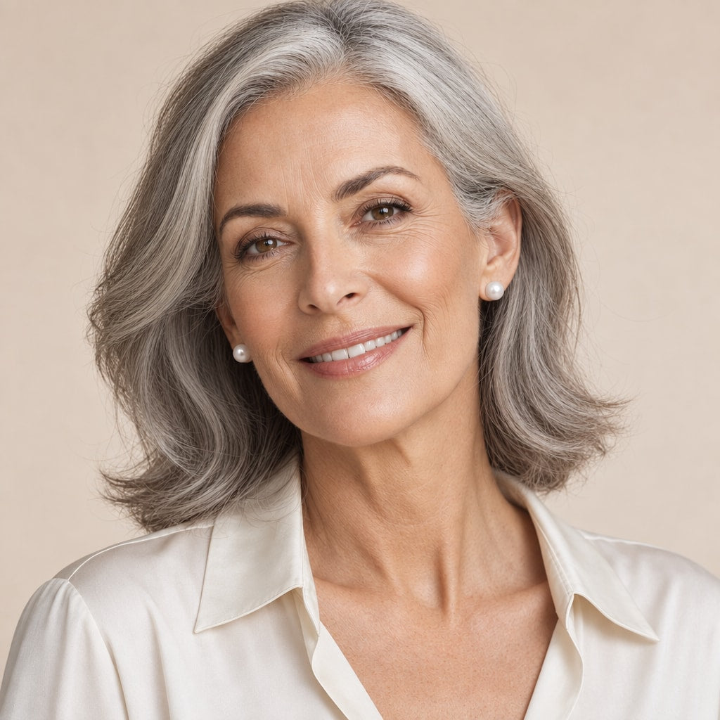 Woman in her fifties wearing the Sigrid round pearl stud earrings, hair swept up