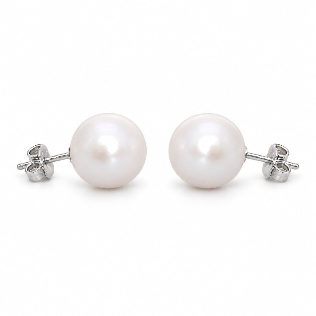 Sigrid round pearl stud earrings, white freshwater pearls on sterling silver posts