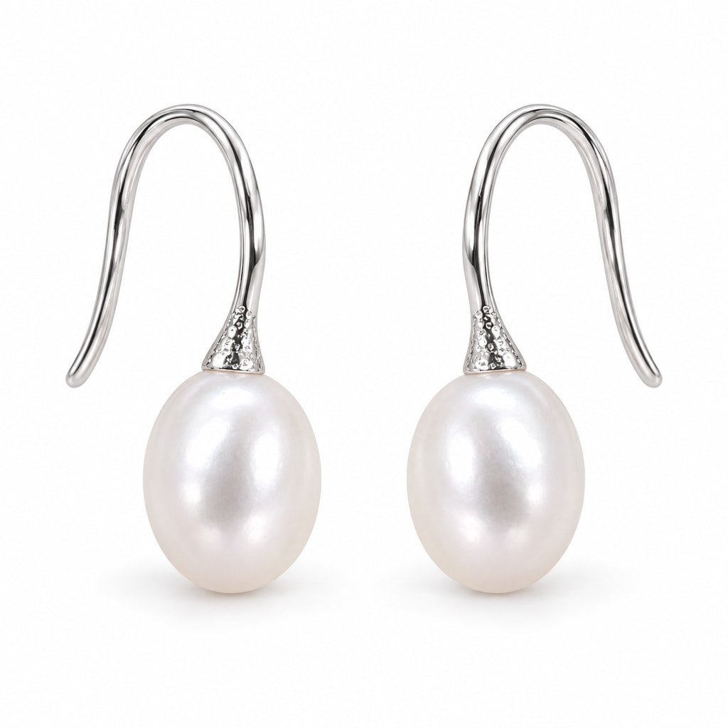 Solveig pearl hook drop earrings, white freshwater pearls on textured sterling silver French hooks