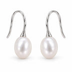 Solveig pearl hook drop earrings, white freshwater pearls on textured sterling silver French hooks
