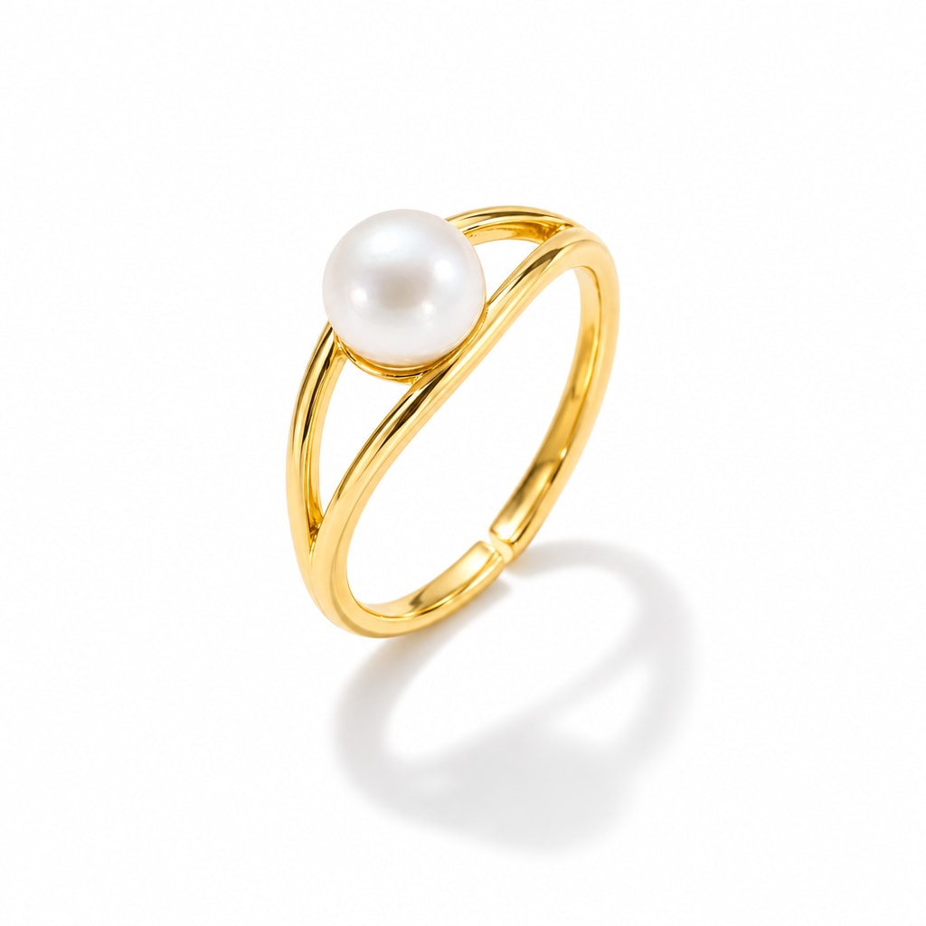 Sonia split shank pearl ring in gold-plated sterling silver on white background