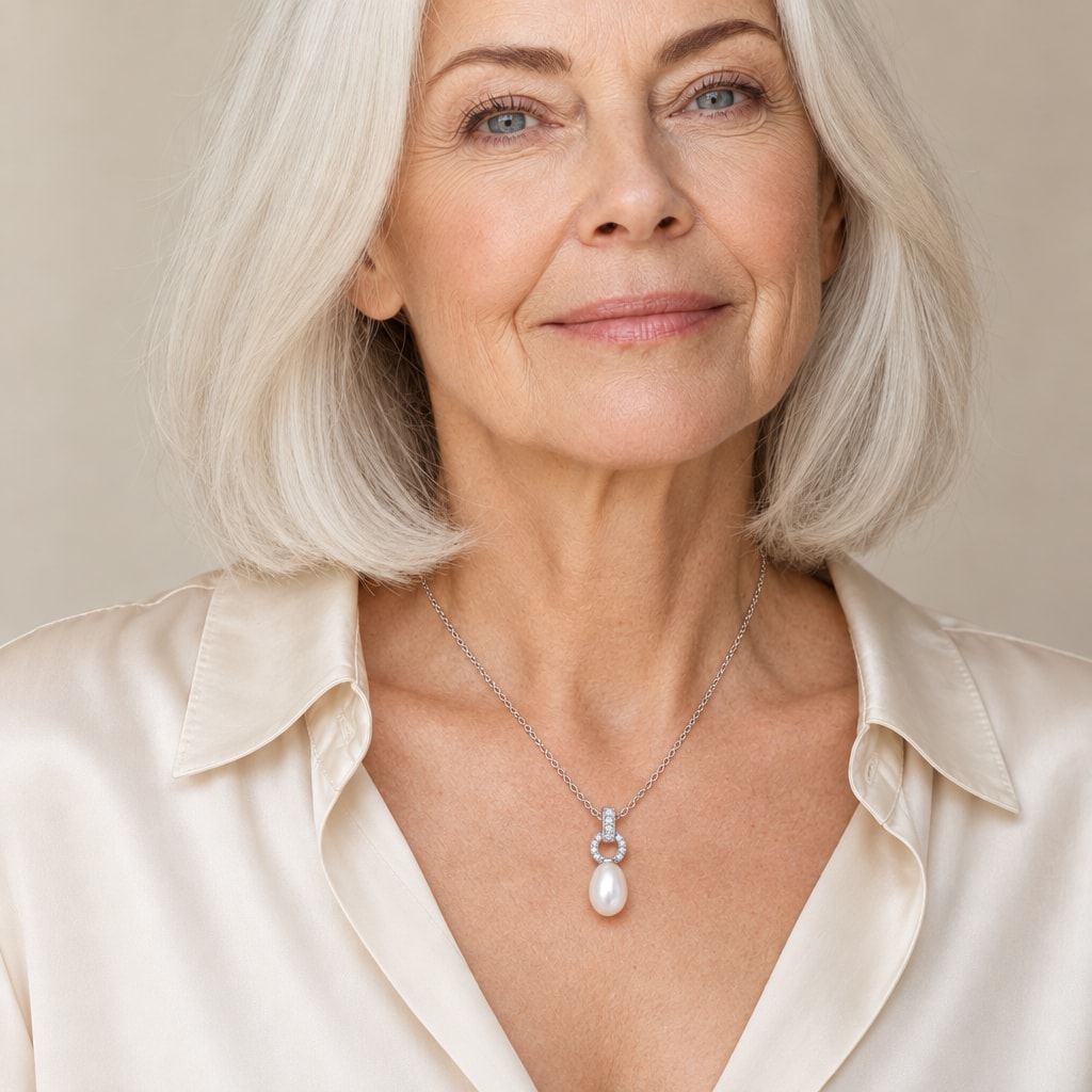 Woman wearing the Sophia pavé ring rice pearl pendant necklace at the collarbone with a black velvet V-neck top