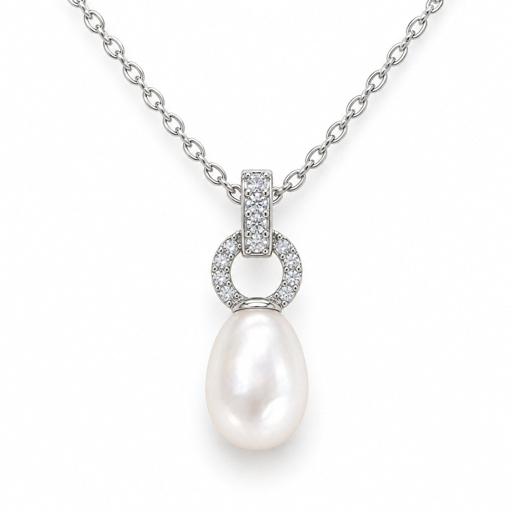 Sophia pavé ring rice pearl pendant necklace in sterling silver on white background