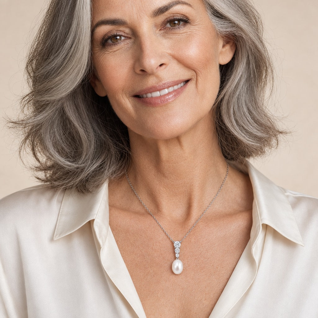Woman wearing the Stella three-stone rice pearl pendant necklace at the collarbone with a black velvet V-neck top