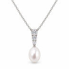 Stella three-stone rice pearl pendant necklace in sterling silver on white background