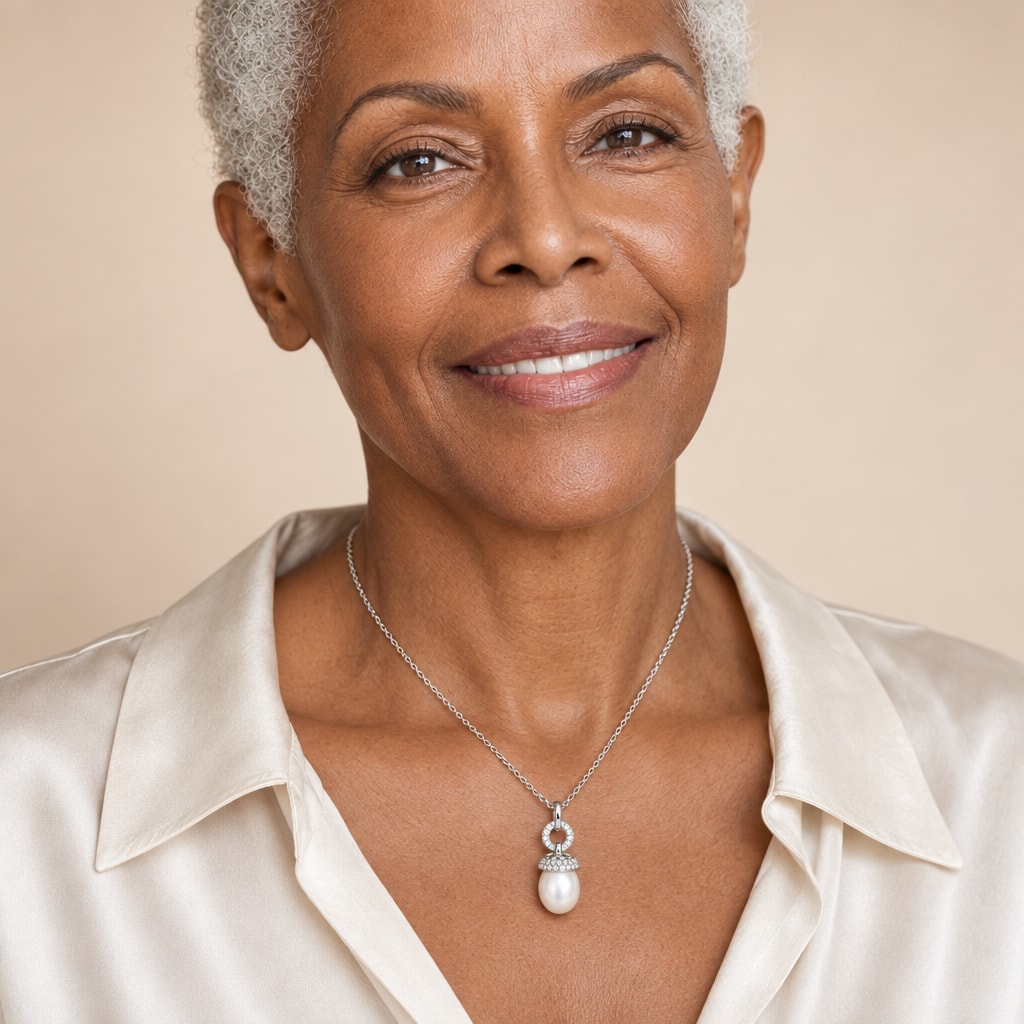 Woman wearing the Susannah pavé cap rice pearl pendant necklace at the collarbone with a black top
