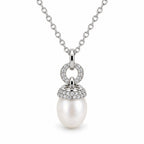 Susannah pavé cap and ring rice pearl pendant necklace in sterling silver on white background
