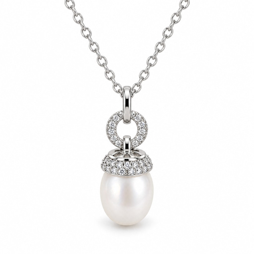 Susannah pavé cap and ring rice pearl pendant necklace in sterling silver on white background