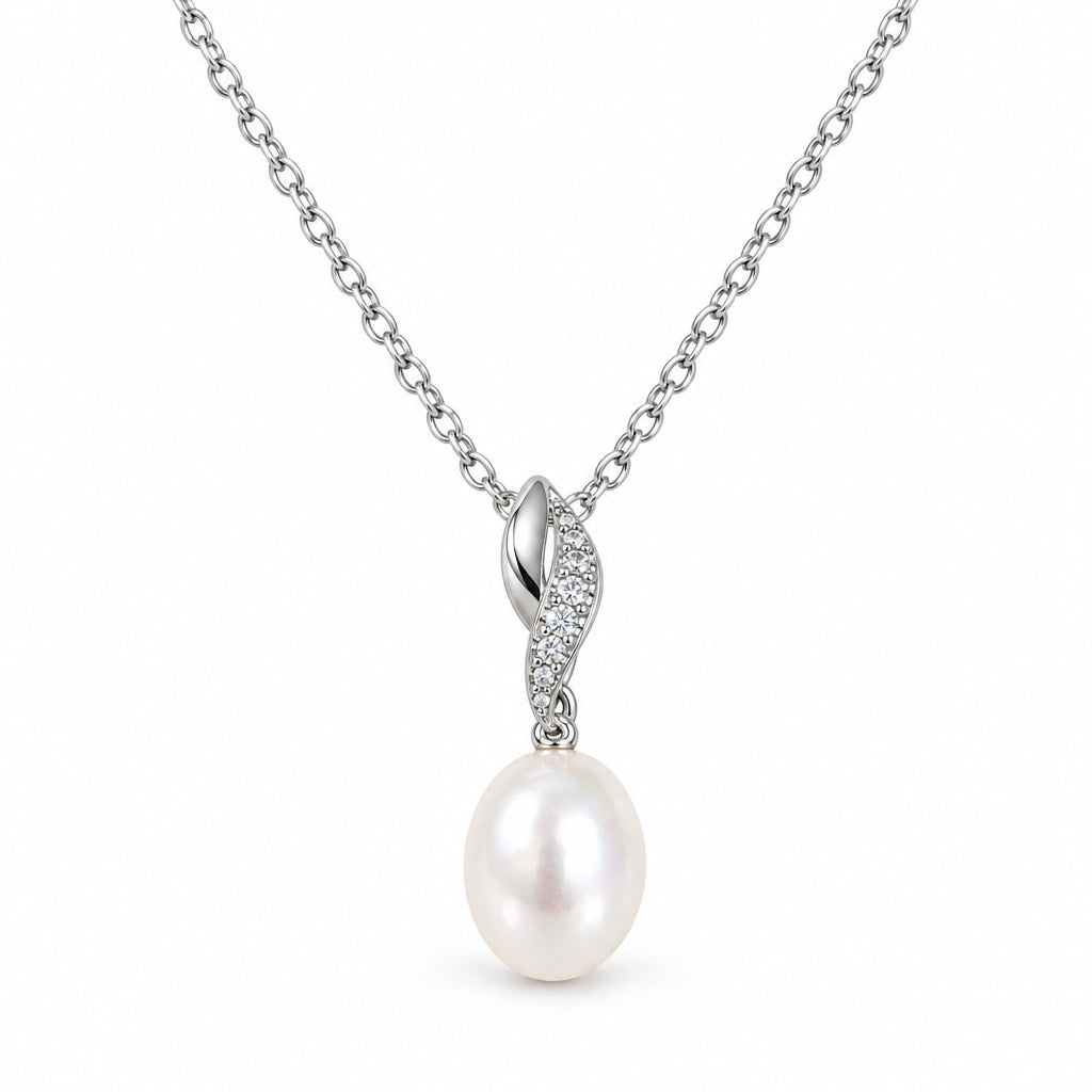 Sybil pavé twist rice pearl pendant necklace in sterling silver on white background