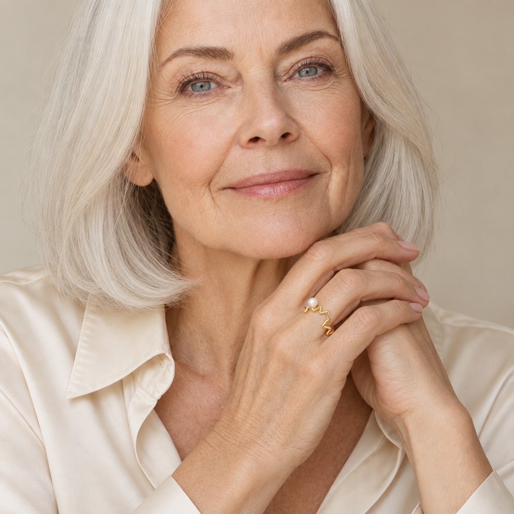 Close-up of a model's hand wearing the Tamsin zigzag band pearl ring in gold