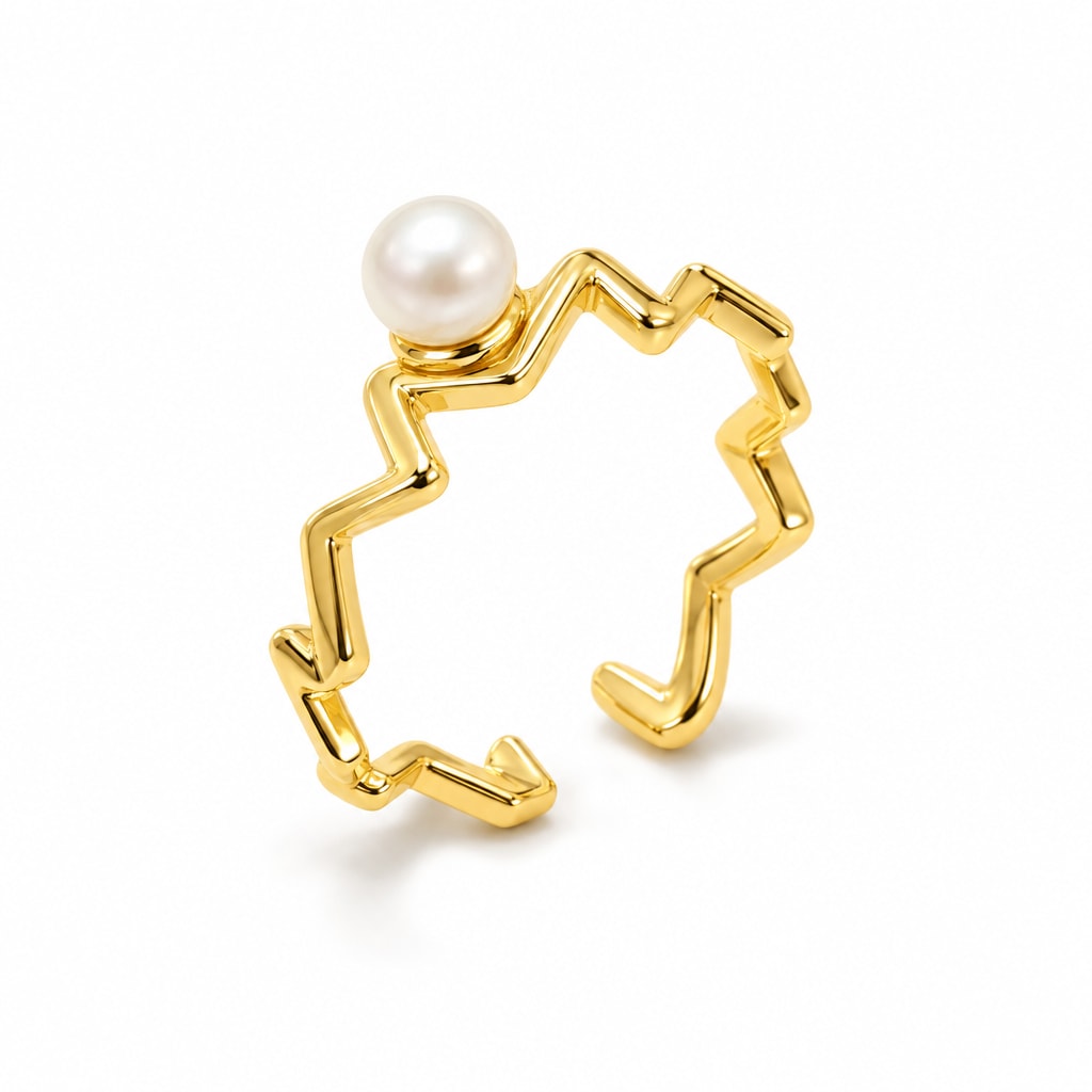 Tamsin zigzag band pearl ring in gold-plated sterling silver on white background