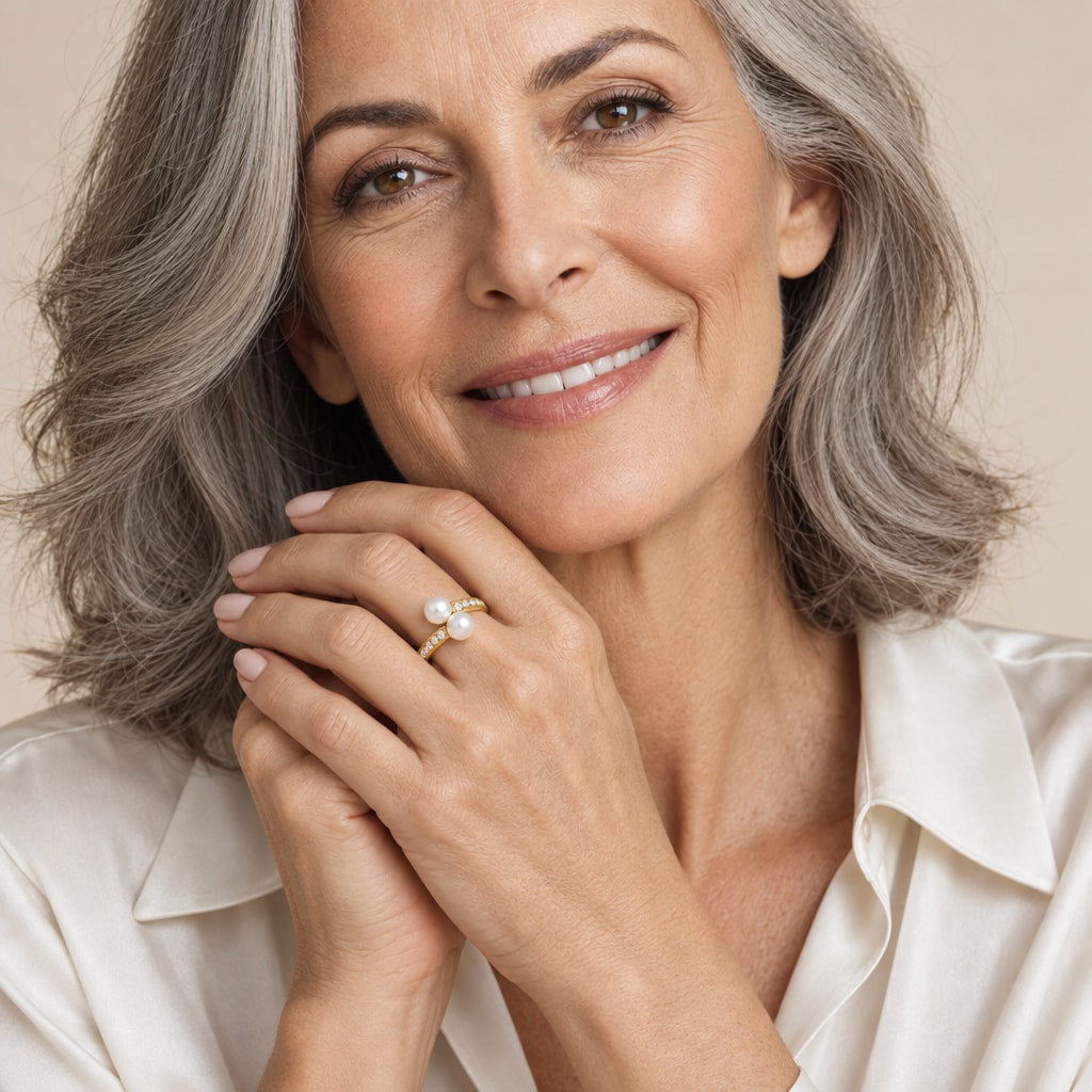 Close-up of a model's hand wearing the Tessa double pearl bypass ring in gold