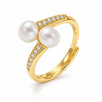 Tessa pavé double pearl bypass ring in gold-plated sterling silver on white background
