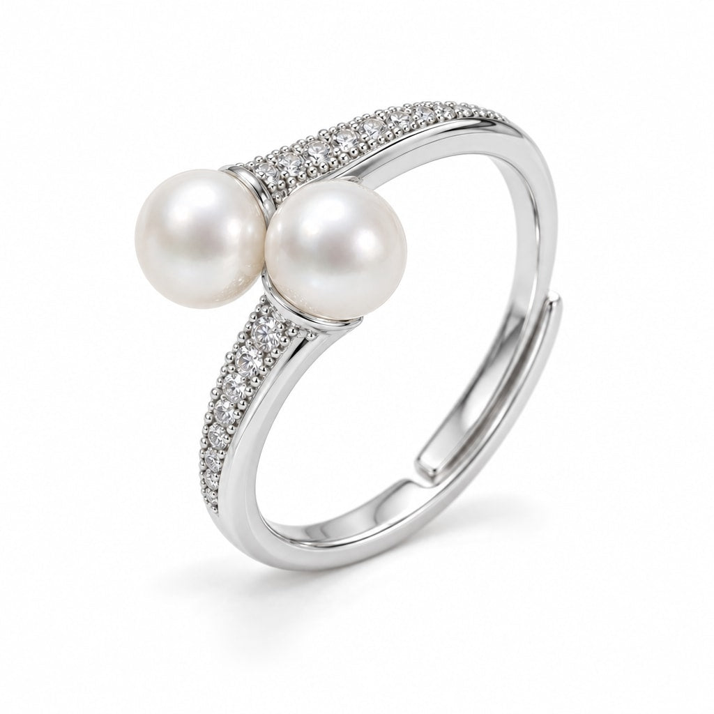 Tessa pavé double pearl bypass ring in gold-plated sterling silver on white background - second finish