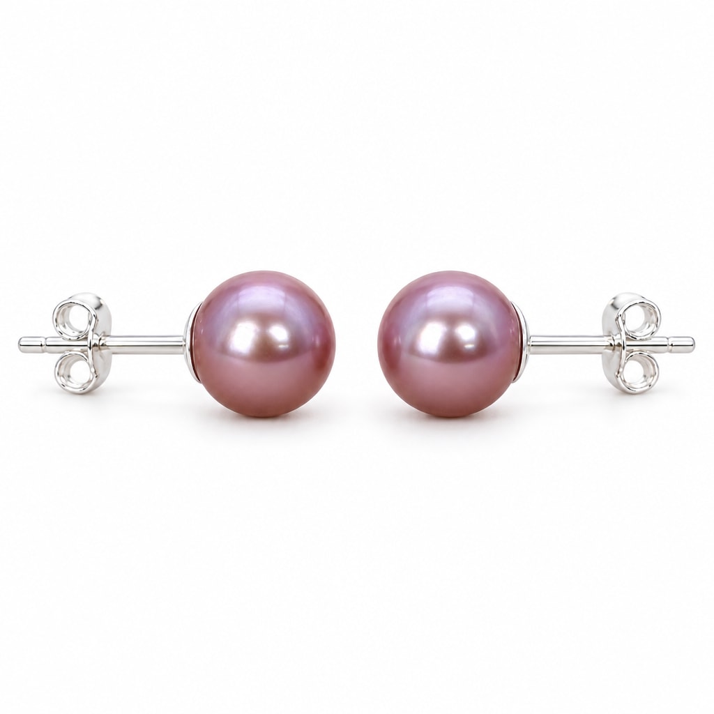 Thea lavender round pearl stud earrings, 7-7.5mm freshwater pearls on sterling silver posts