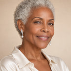 Woman in her forties wearing the Theresa pavé wing pearl drop earrings, hair down