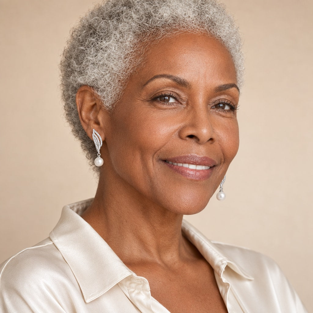Woman in her forties wearing the Theresa pavé wing pearl drop earrings, hair down