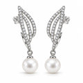 Theresa pavé wing pearl drop earrings, 7-8mm white freshwater pearls beneath crystal wings in sterling silver