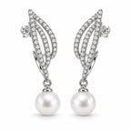 Theresa pavé wing pearl drop earrings, 7-8mm white freshwater pearls beneath crystal wings in sterling silver