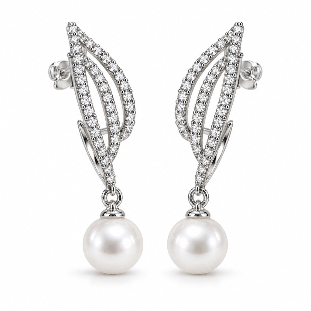 Theresa pavé wing pearl drop earrings, 7-8mm white freshwater pearls beneath crystal wings in sterling silver