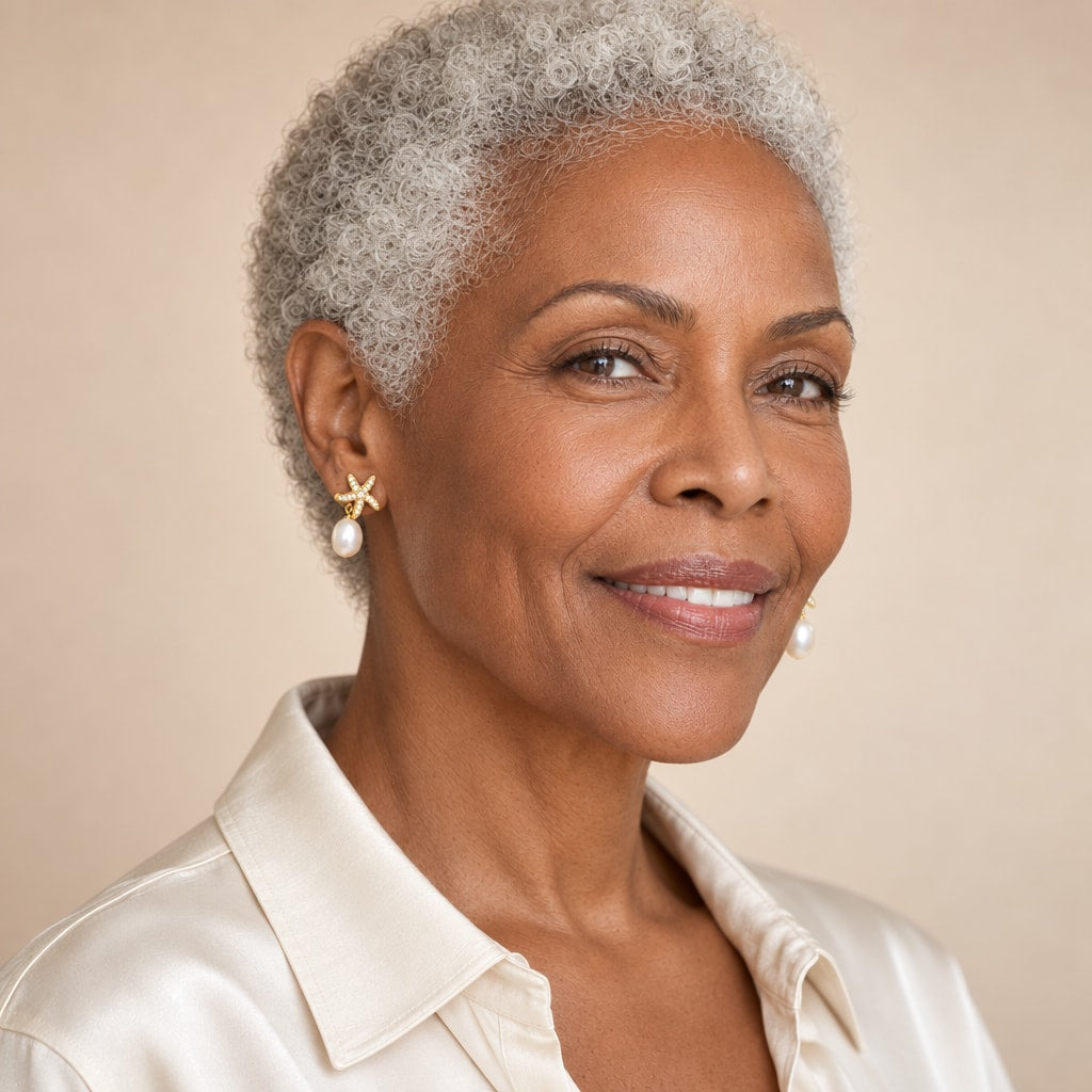 Woman in her fifties wearing the Therese starfish pearl drop earrings, hair swept up