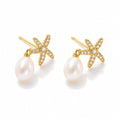 Therese pearl earrings, pavé starfish studs with 7-8mm white rice pearls hanging beneath