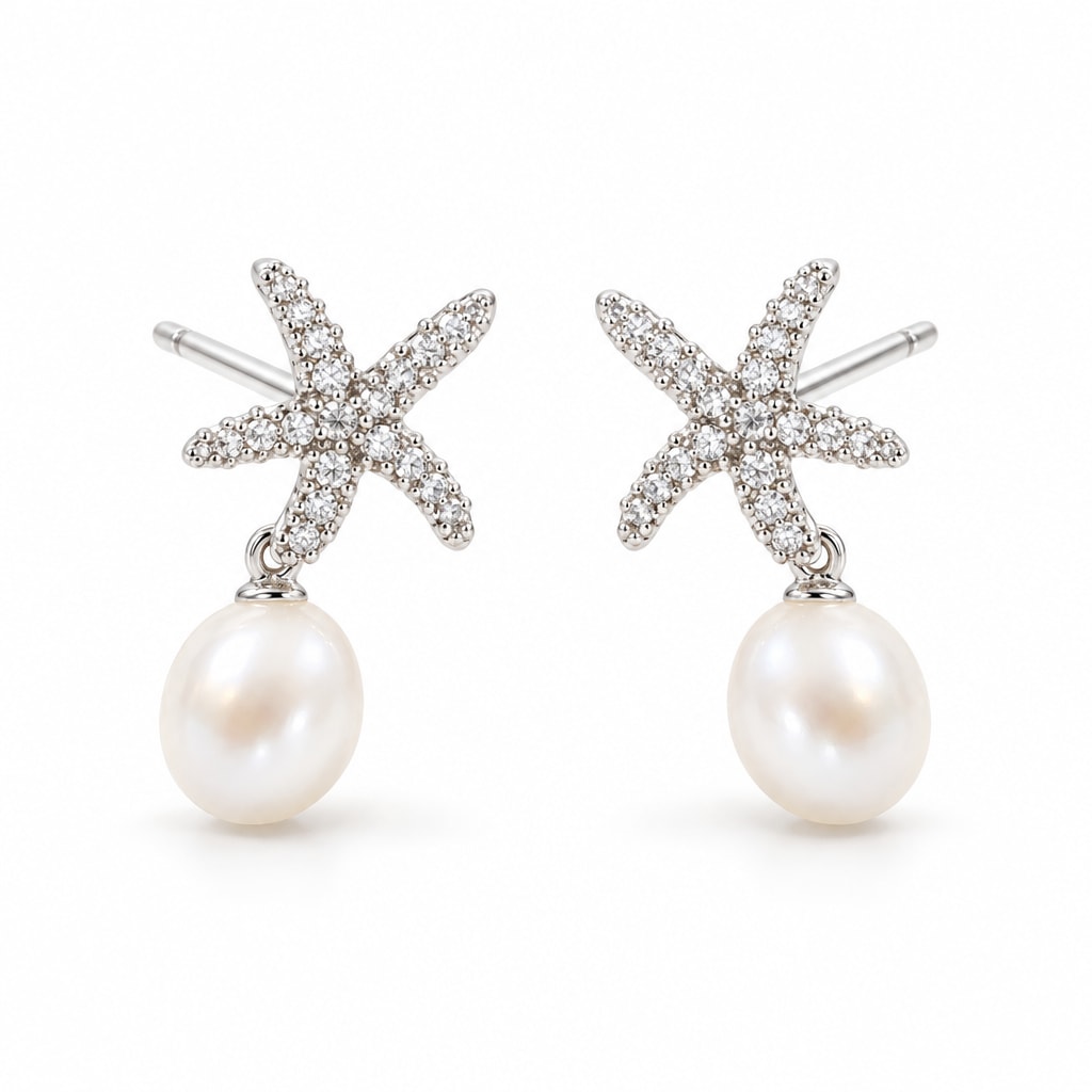 Therese pearl earrings, pavé starfish studs with 7-8mm white rice pearls hanging beneath - second finish