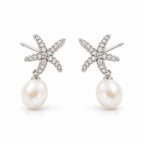 Therese pearl earrings, pavé starfish studs with 7-8mm white rice pearls hanging beneath - second finish