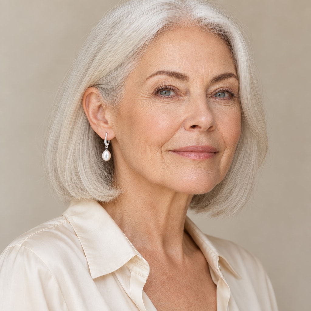 Woman in her fifties wearing the Tove rice pearl lever-back earrings, hair down