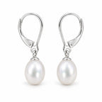 Tove rice pearl lever-back drop earrings, white freshwater pearls on sterling silver