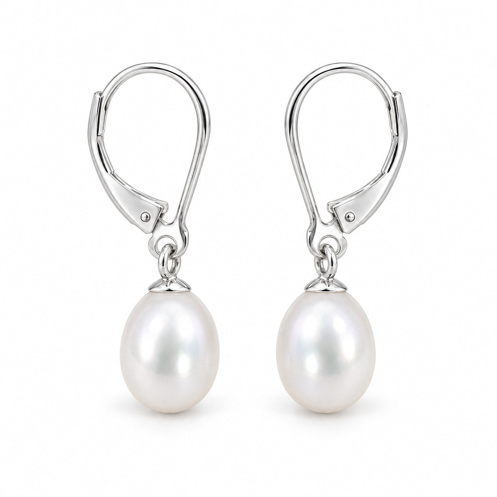 Tove rice pearl lever-back drop earrings, white freshwater pearls on sterling silver