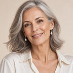 Woman in her forties wearing the Ulla rice pearl French hook earrings, hair loosely tied back