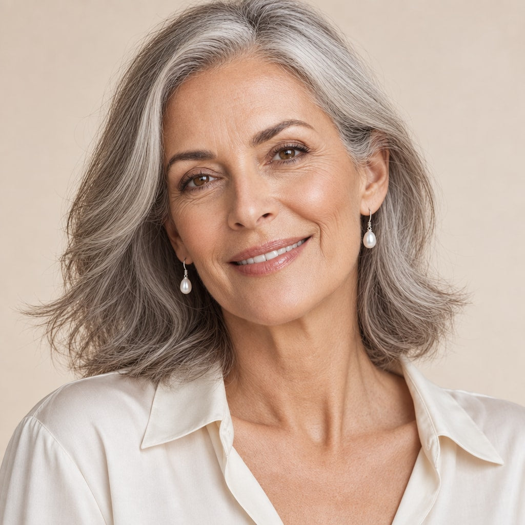 Woman in her forties wearing the Ulla rice pearl French hook earrings, hair loosely tied back