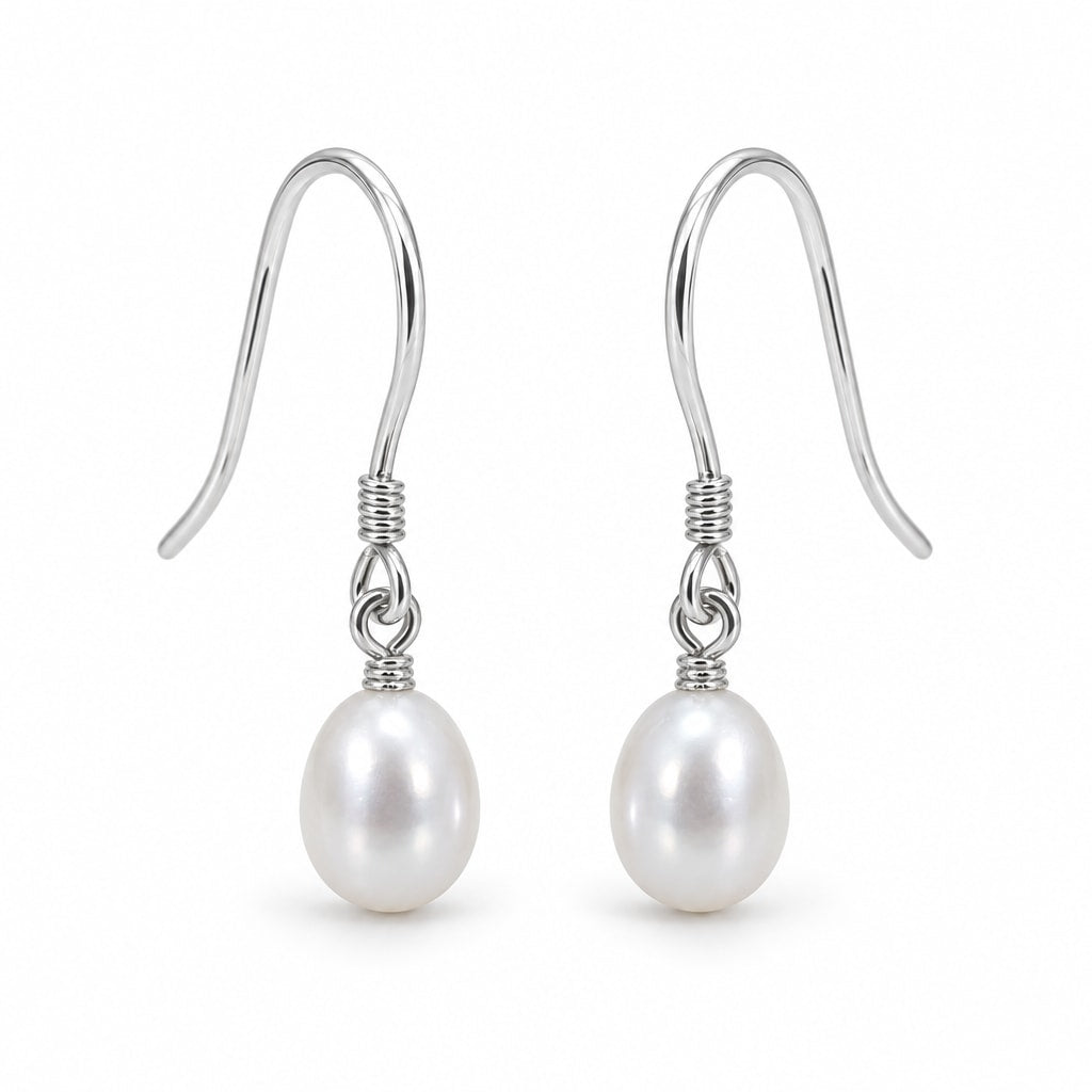 Ulla rice pearl French hook earrings, white freshwater pearls on sterling silver wire with coiled wrap - second finish