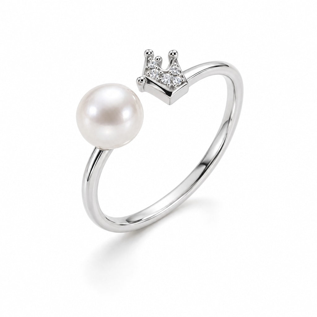 Una crown and pearl open ring in gold-plated sterling silver on white background - second finish