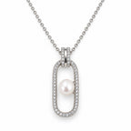 Vera pavé oblong frame freshwater button pearl pendant necklace in sterling silver on white background