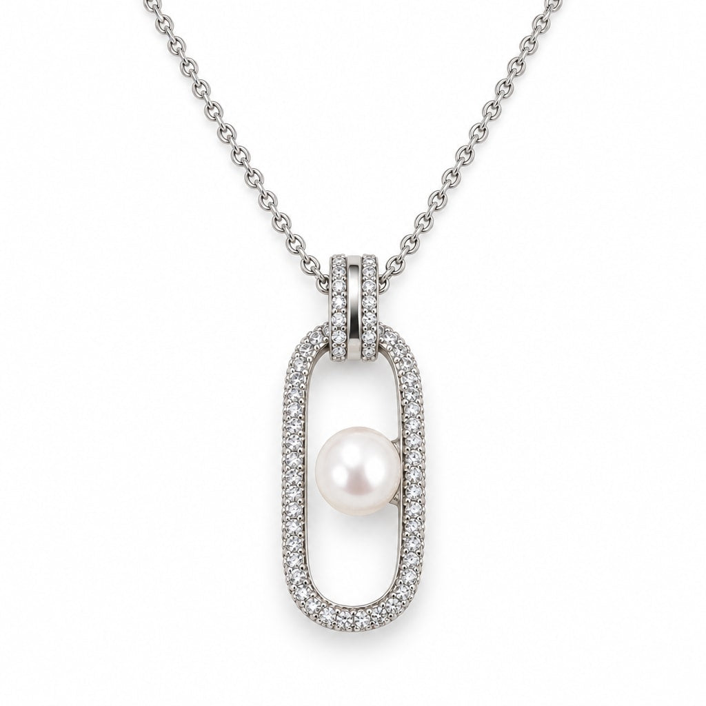 Vera pavé oblong frame freshwater button pearl pendant necklace in sterling silver on white background