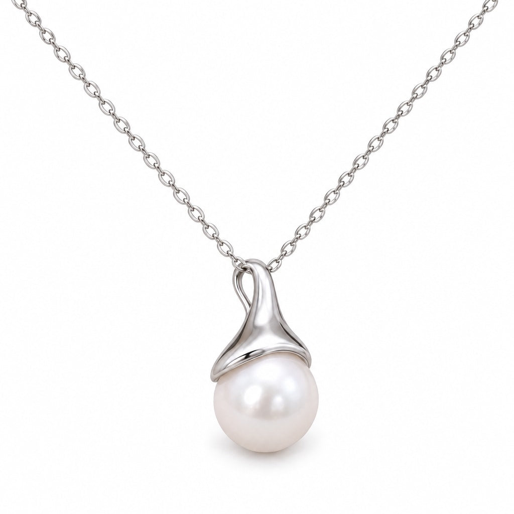 Verity polished tulip cap freshwater pearl pendant necklace in sterling silver on white background