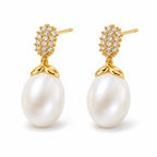 Veronique pearl earrings, pavé pine-cone clusters with white oval freshwater pearls beneath