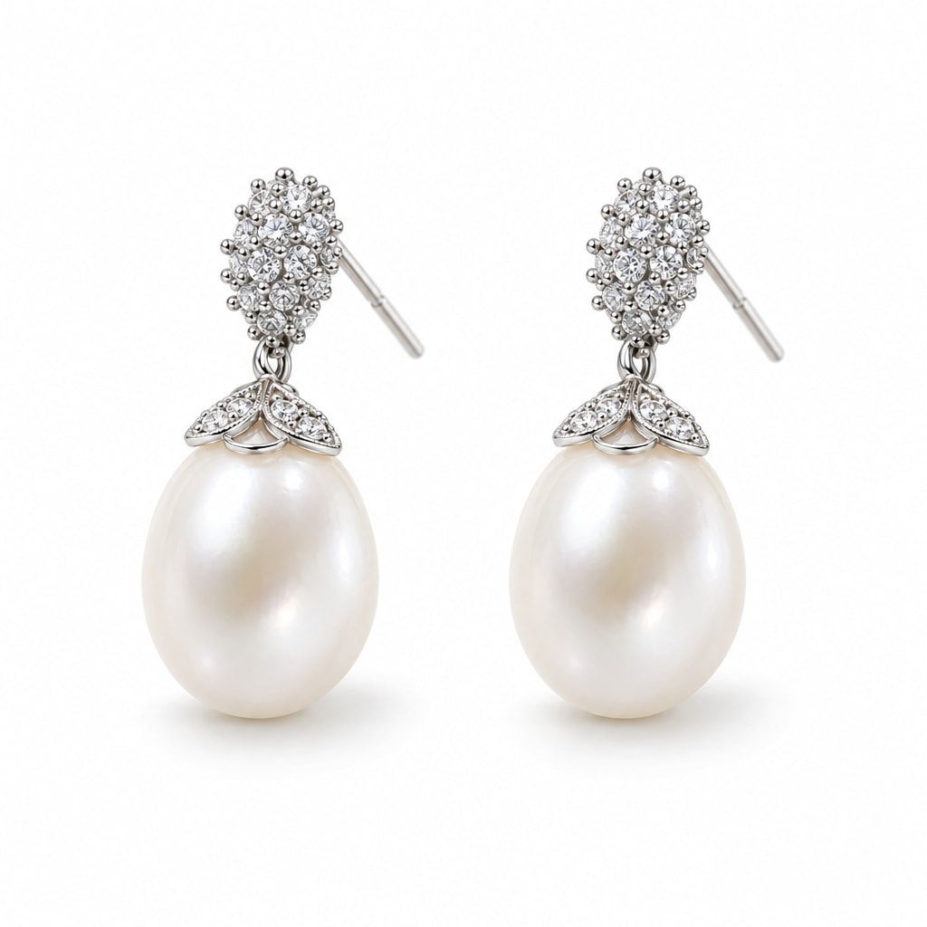 Veronique pearl earrings, pavé pine-cone clusters with white oval freshwater pearls beneath - second finish