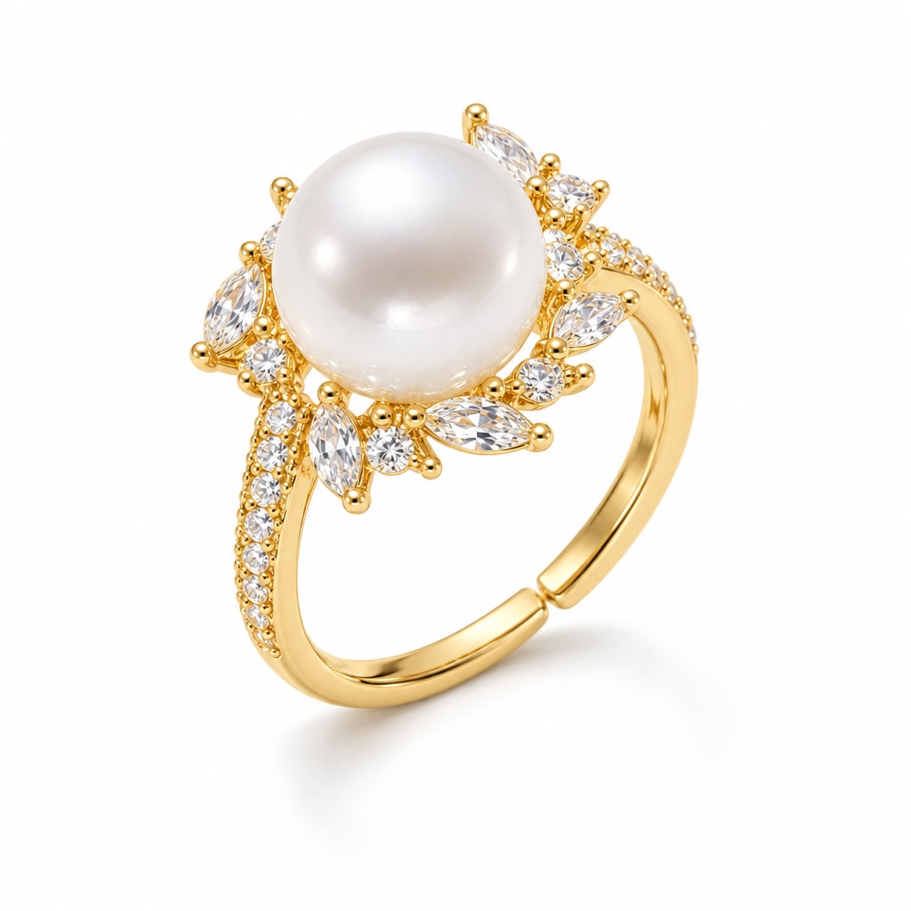 Violet marquise halo pearl ring in gold-plated sterling silver on white background