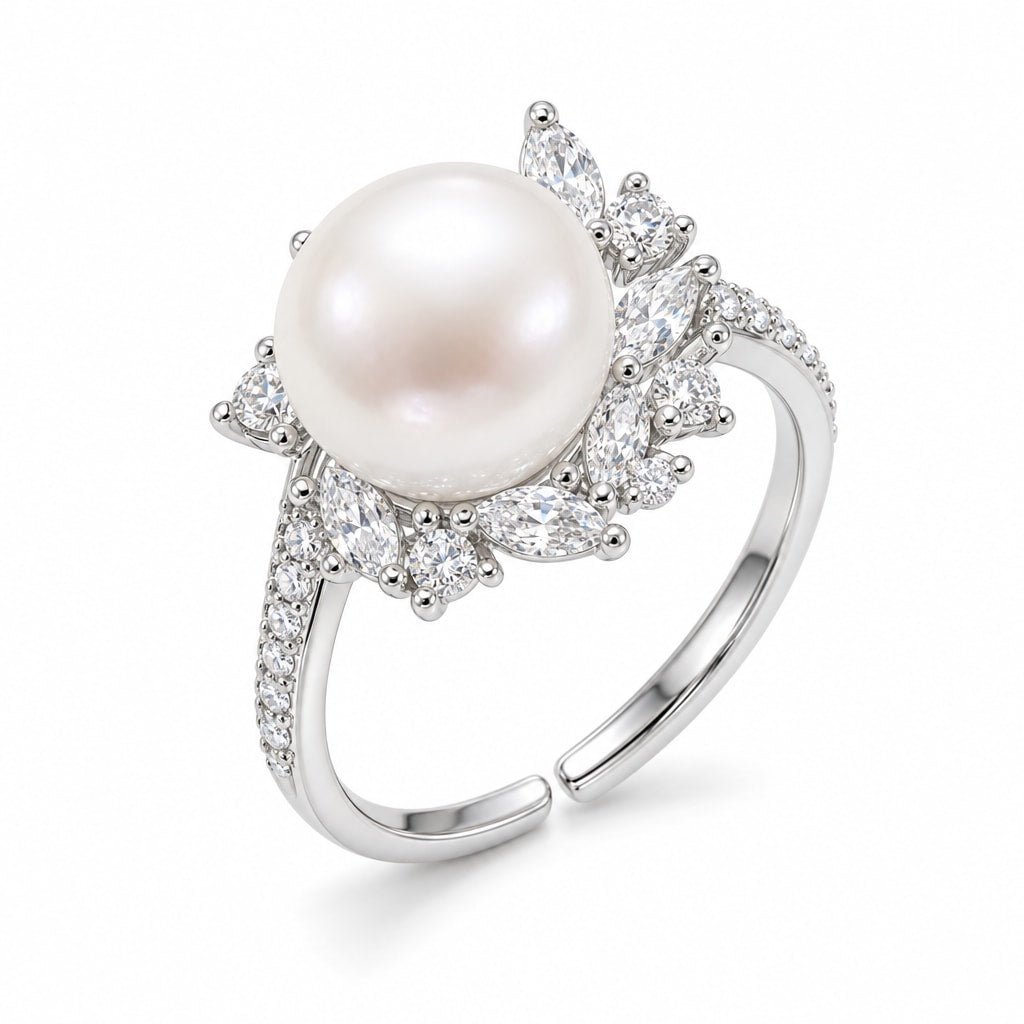 Violet marquise halo pearl ring in gold-plated sterling silver on white background - second finish